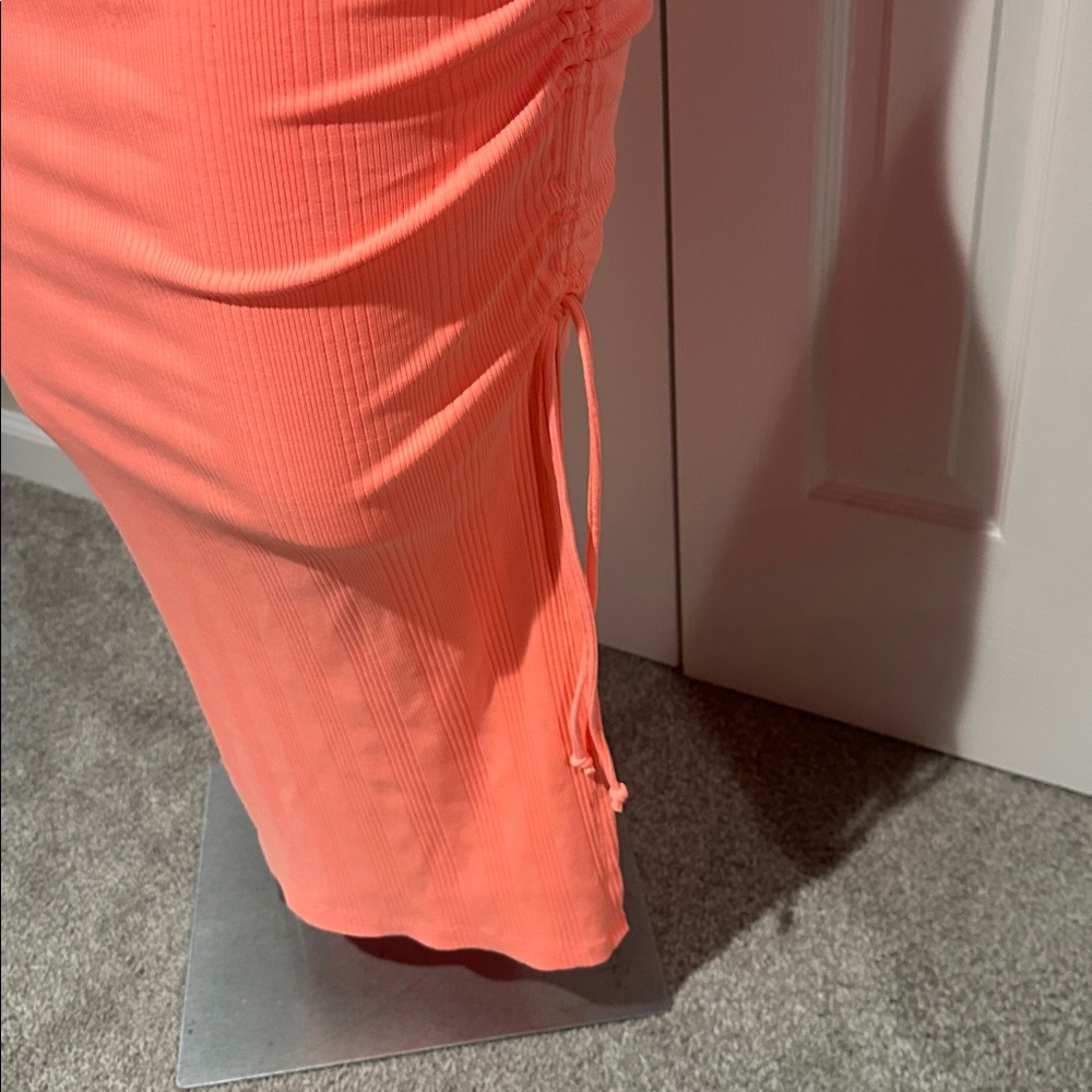 Aerie Neon Orange Ruched Ribbed Midi Dress with side slit size small‎ - Picture 5 of 7